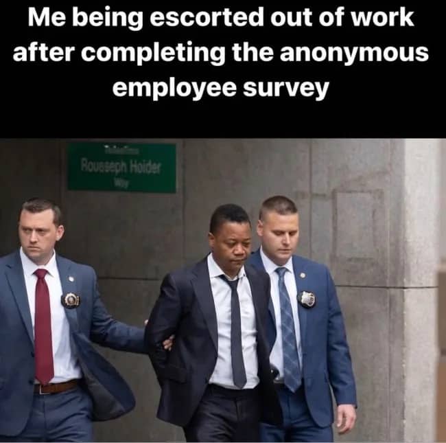 Reaction meme showing a man in a suit being arrested, captioned about completing an anonymous employee survey.