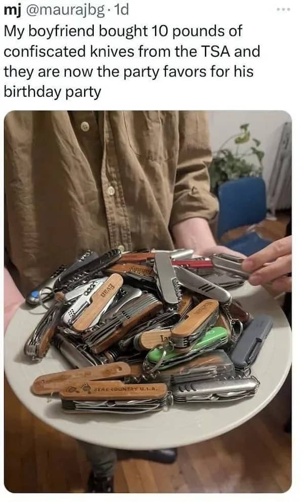 Person holding a large plate piled with various confiscated Swiss Army knives as birthday party favors.