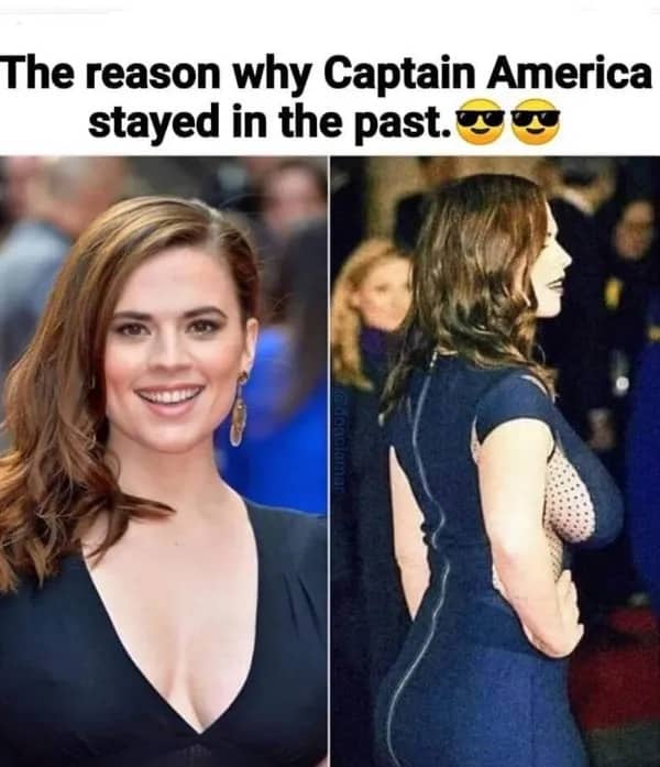 Pop culture meme highlighting actress Hayley Atwell as Captain America’s reason to stay in the past.