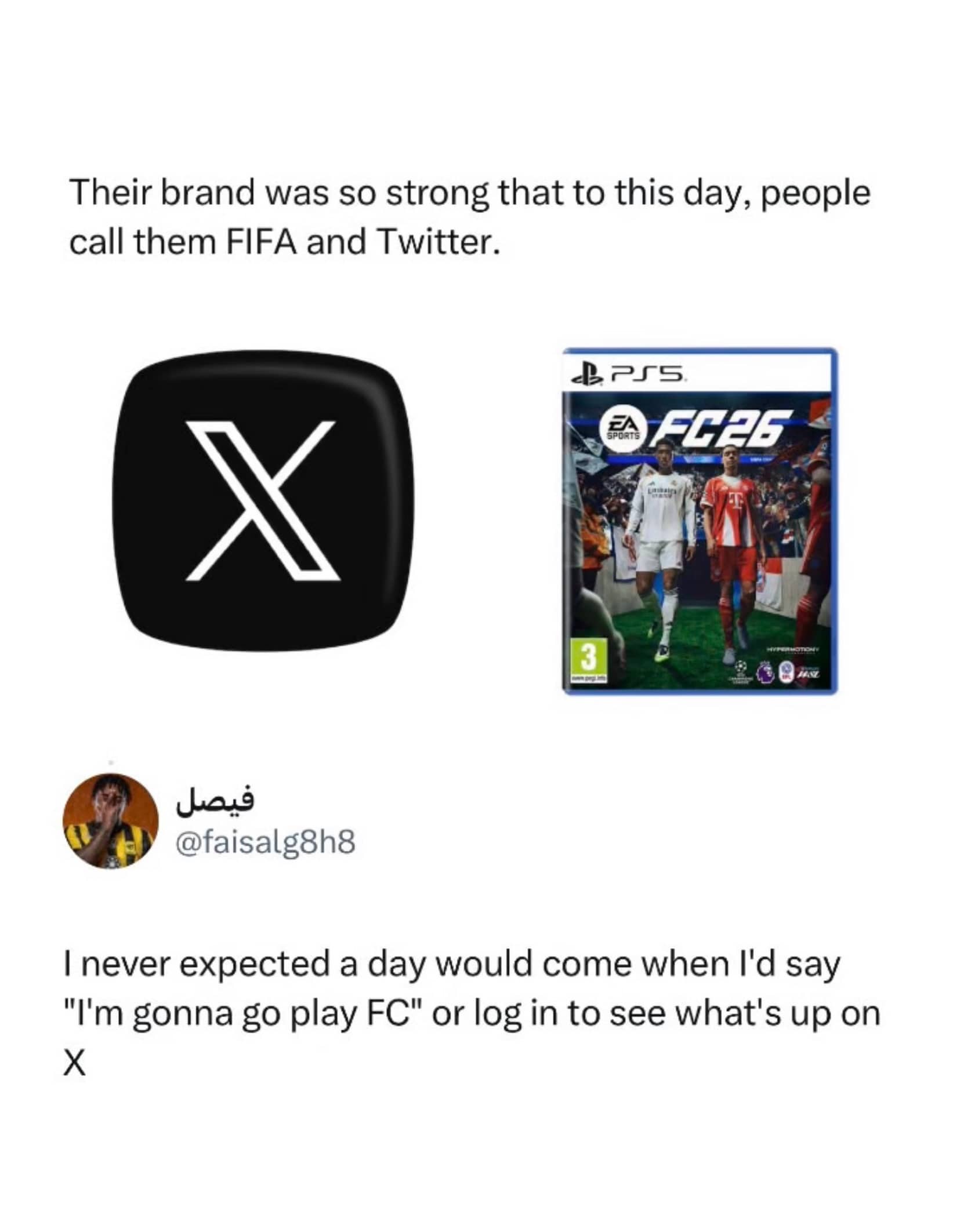 Post comparing X and EA Sports FC logos to their former brands Twitter and FIFA.