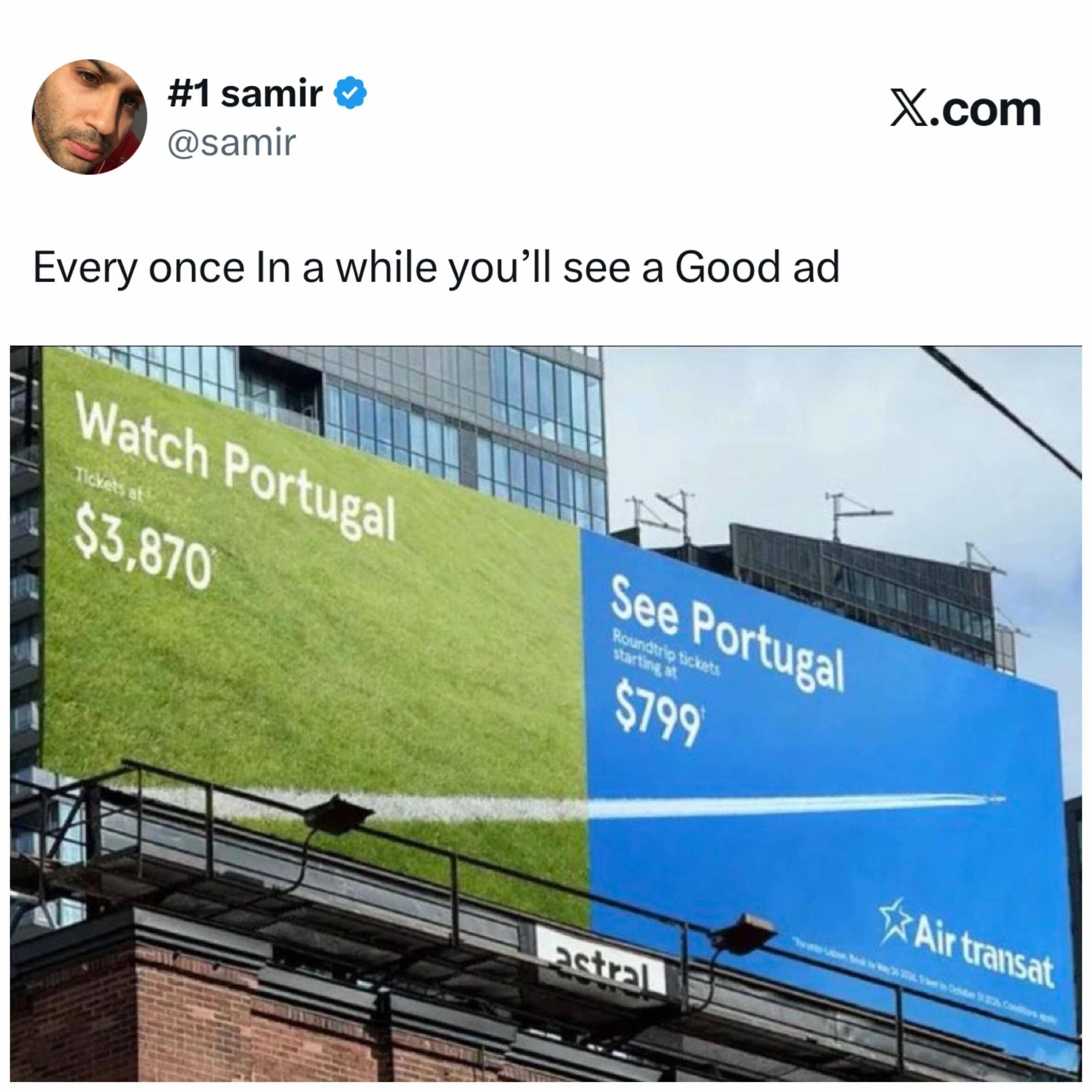 Clever Air Transat billboard comparing the price of watching soccer to flying to see Portugal.