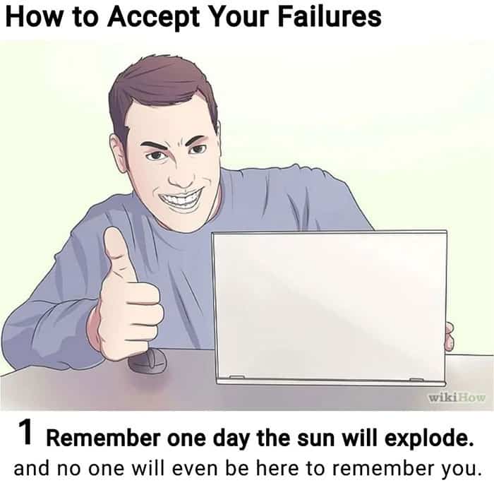 WikiHow style illustration of a man giving a thumbs up regarding accepting failure and solar explosions.