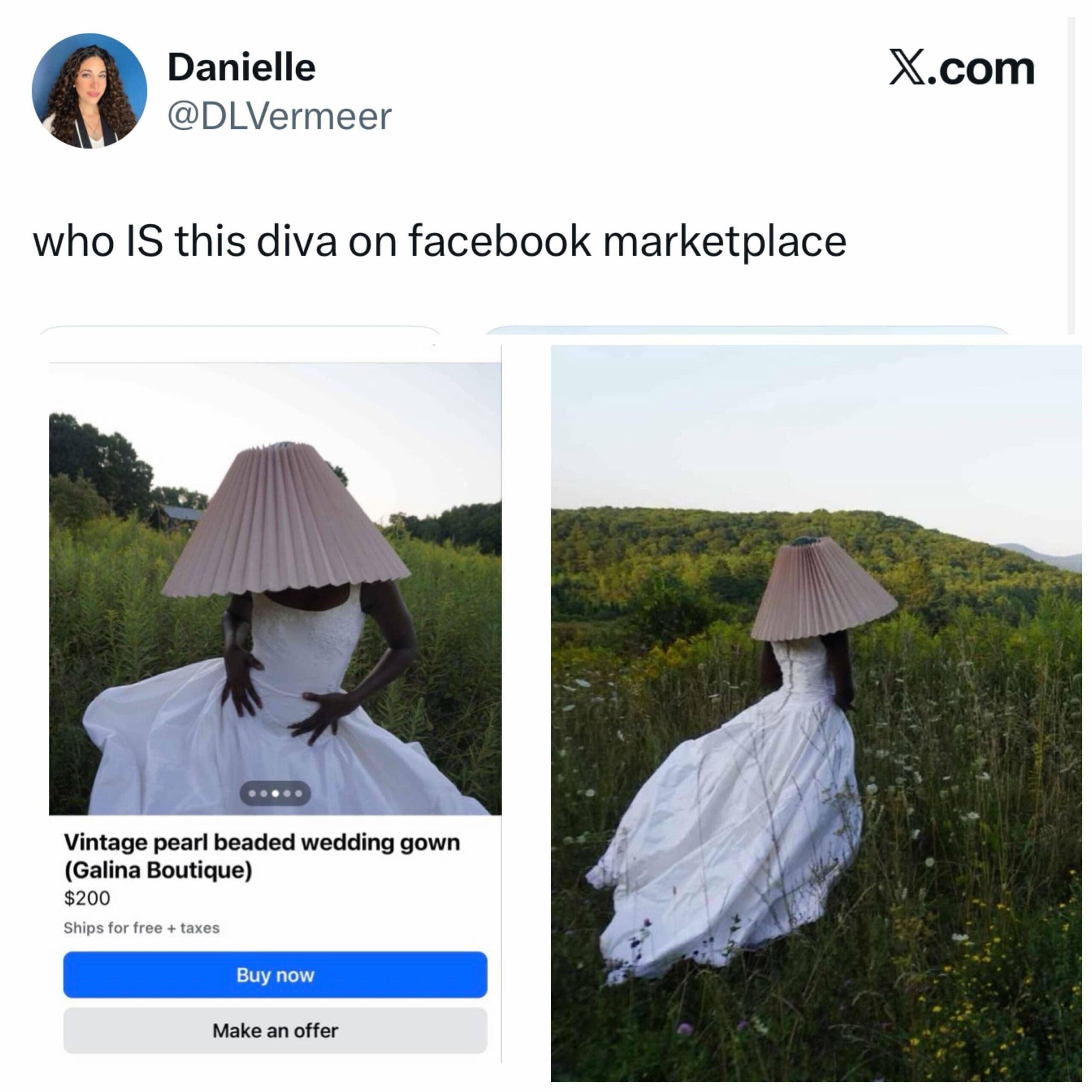 Facebook Marketplace listing for a wedding gown featuring a model wearing a lampshade on her head.