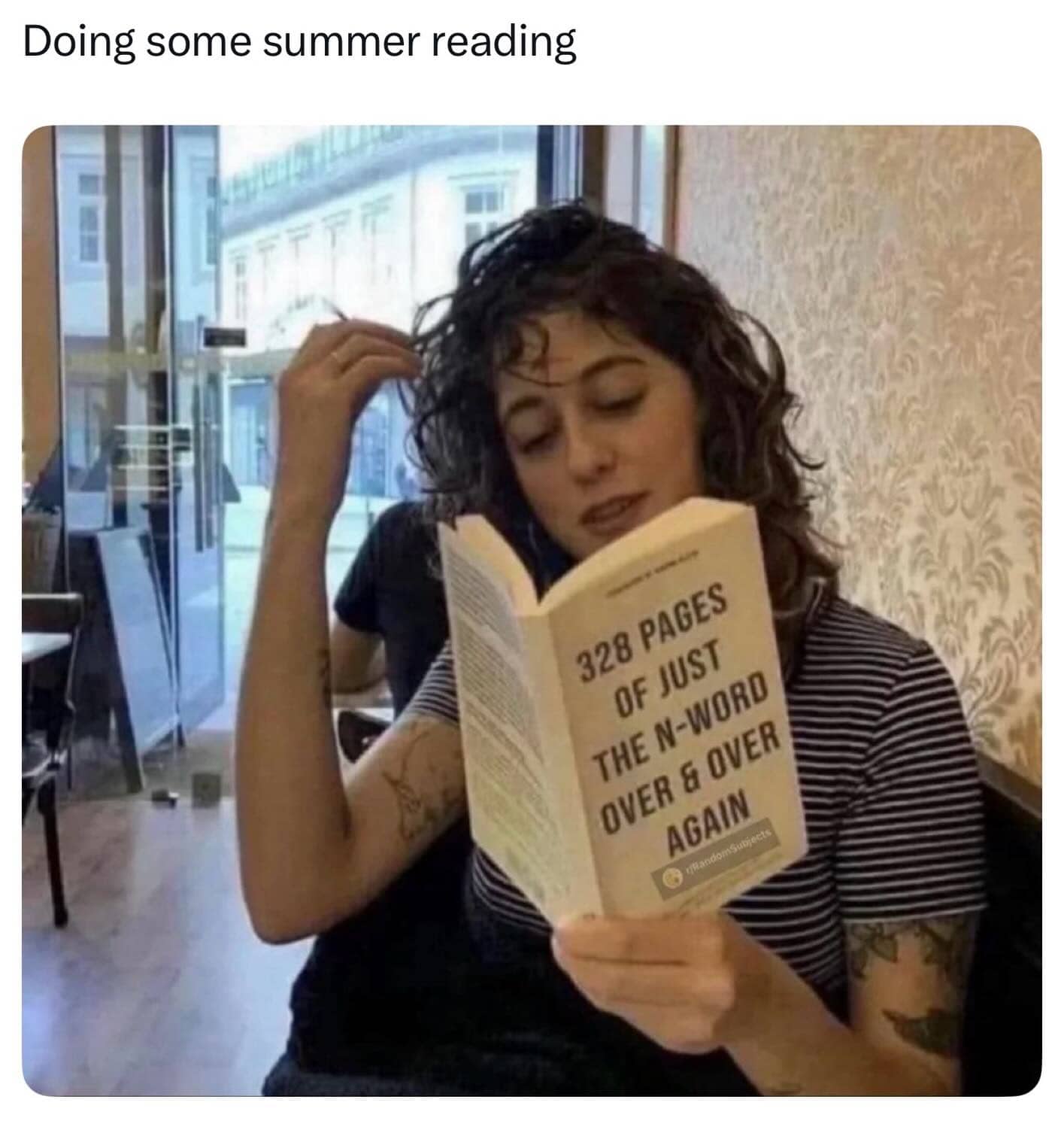 : Edgy summer reading meme showing a woman looking at a book with photoshopped controversial text.
