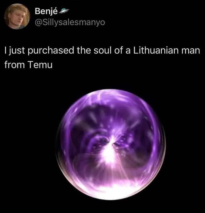Surreal meme featuring a glowing purple orb with text about purchasing a man's soul from Temu.