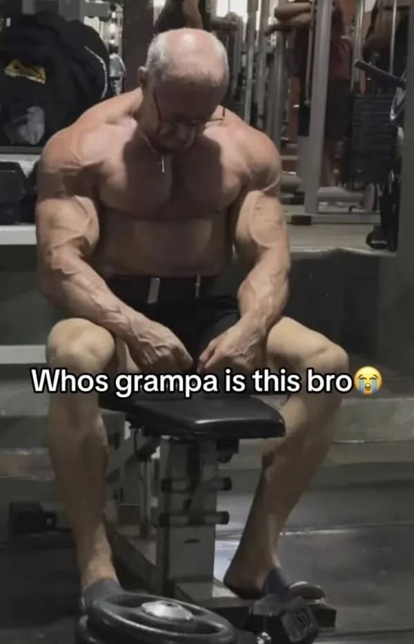 Gym meme featuring a muscular, heavily built elderly man sitting on a workout bench.
