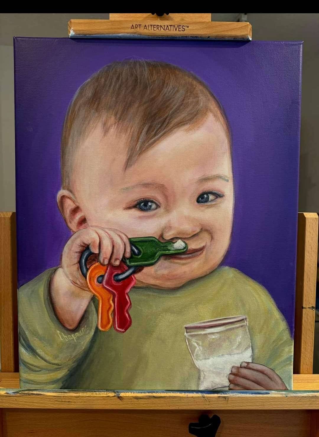 Funny and bizarre painting of a baby holding car keys covered in a white powder.