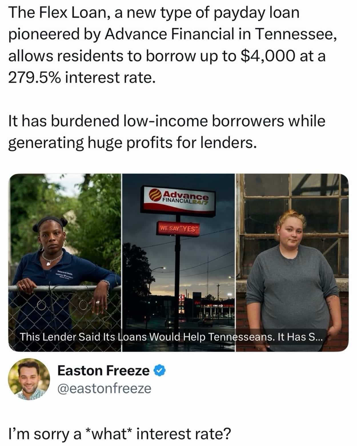 News article and reaction tweet regarding a payday loan with a high interest rate.