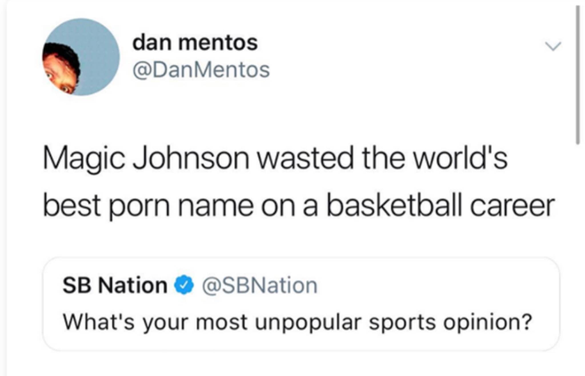 A funny sports tweet claiming basketball legend Magic Johnson wasted the absolute best adult industry stage name.