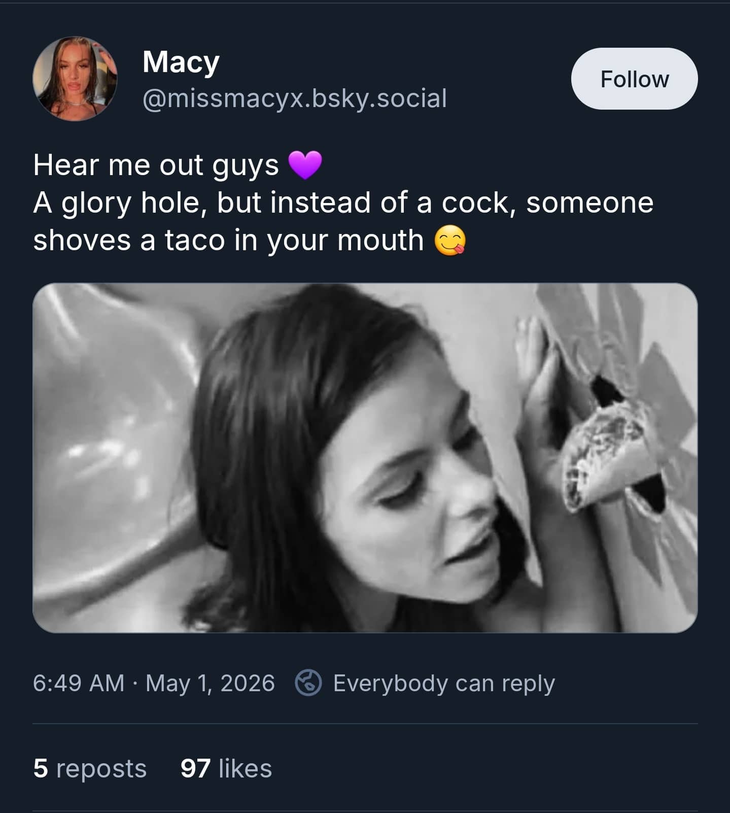 Social media post suggesting a taco glory hole with a grayscale image of a woman eating.