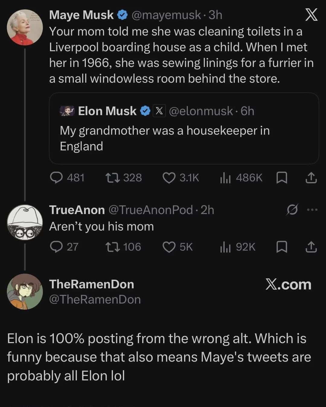 Social media thread discussing Elon Musk and Maye Musk allegedly posting from the wrong accounts.