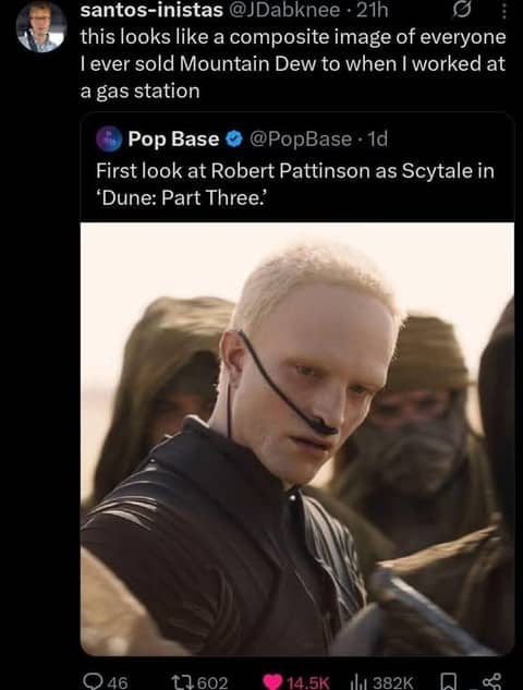 Pop Base post of Robert Pattinson in Dune with a funny reply about gas station customers.