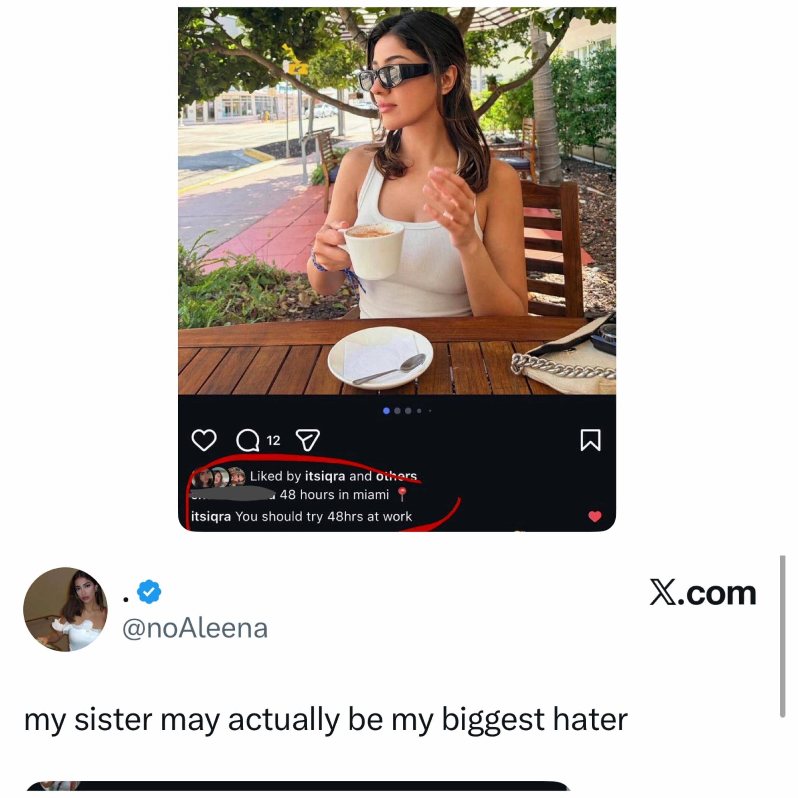 Instagram post of a woman in Miami with a funny hater comment from her own sister.
