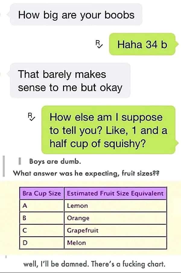 Text conversation meme featuring a chart comparing bra cup sizes to various types of citrus fruit.