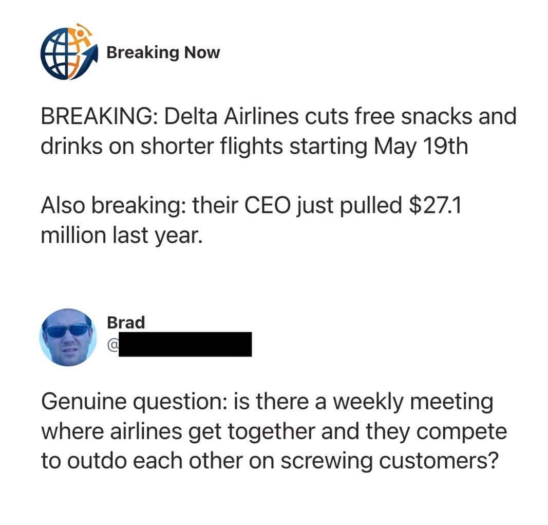 Breaking news post about Delta Airlines cutting snacks while the CEO earns millions.