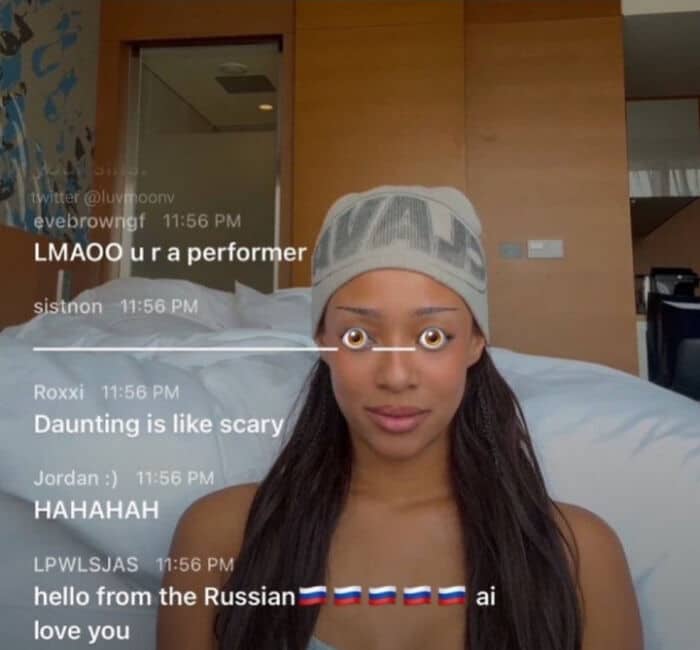 Screenshot of a live stream featuring a woman with funny animated cartoon eyes.