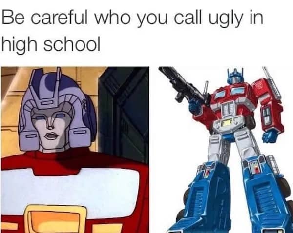 Split image comparing a retro cartoon robot face to G1 Optimus Prime.