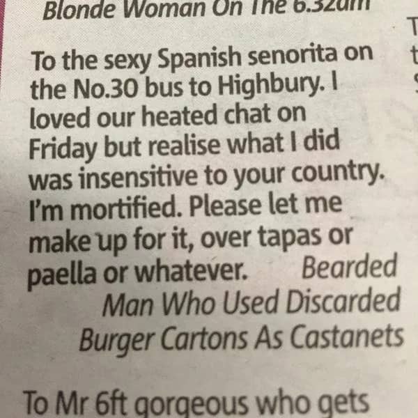 Newspaper clipping of a funny missed connection from a man who used burger cartons as castanets.