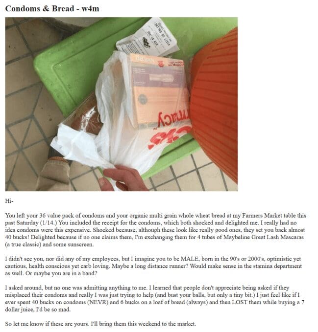 Craigslist missed connection post titled Condoms & Bread left behind at a farmers market.