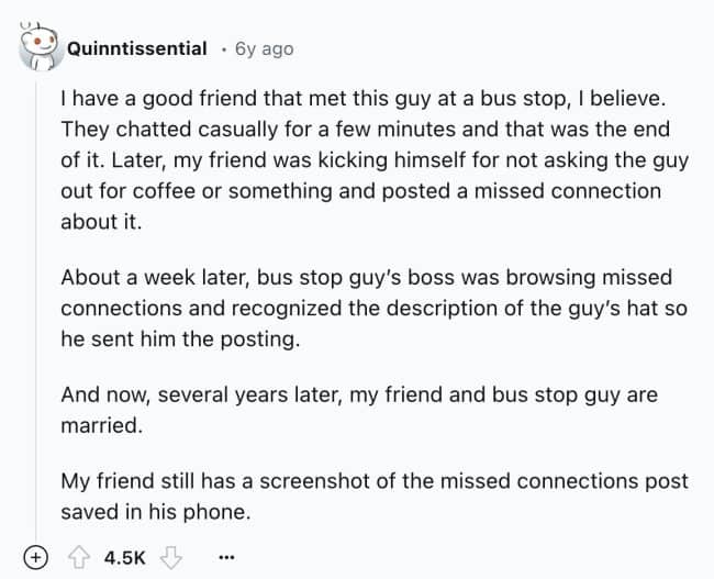 Reddit comment describing a missed connection post that successfully led to a marriage years later.