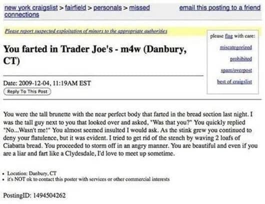 Craigslist missed connection post about a woman who farted in a Danbury Trader Joe's.
