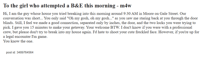 Craigslist missed connection dedicated to a girl who attempted a break and enter at a house.