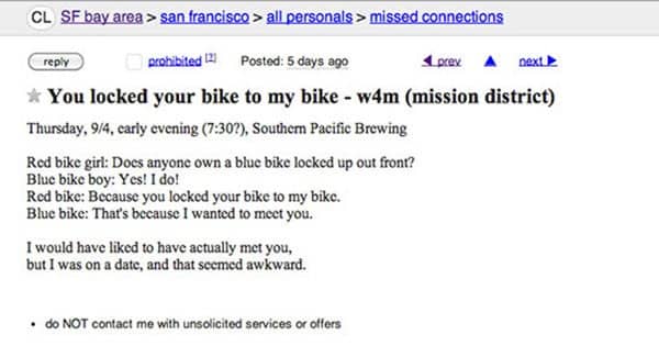 San Francisco Craigslist post about a person locking their bicycle to another person's bike.