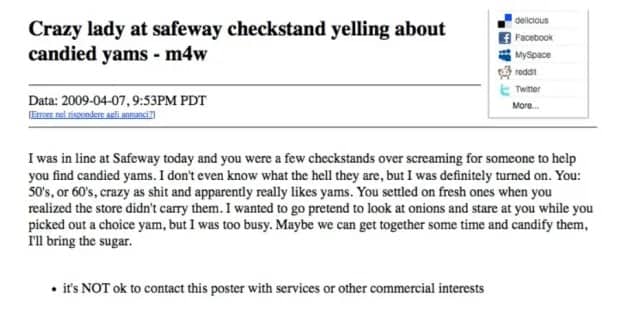 Craigslist missed connection about a lady screaming for candied yams at a Safeway checkstand.