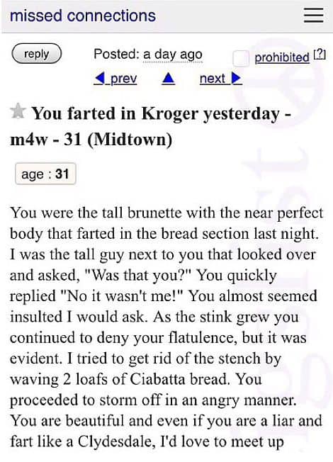 Craigslist missed connection screenshot detailing a flatulence incident in a Kroger bread section.
