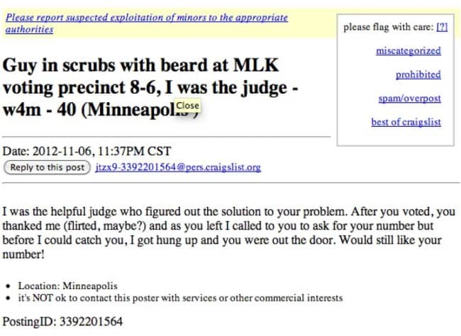 Craigslist missed connection from an election judge looking for a guy in scrubs with a beard.