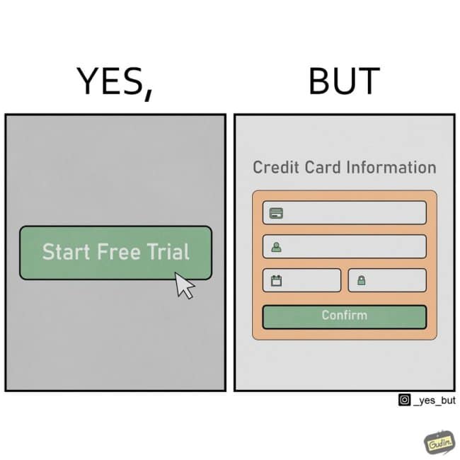 funny online web comic illustrating the universal trap of clicking a "Start Free Trial" button only to be met with a mandatory credit card information form.