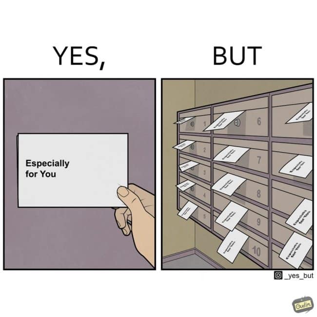 funny online web comic showing a personalized mail card that says "Especially for You," followed by a panel of rows of mailboxes all containing the exact same "personal" message.