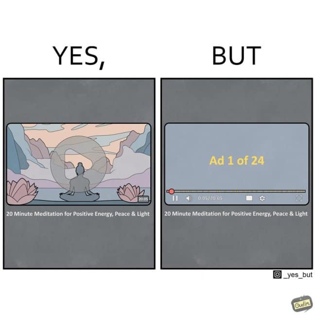 funny online web comic depicting the irony of a 20-minute relaxation meditation video that begins with an impossible "Ad 1 of 24" counter.