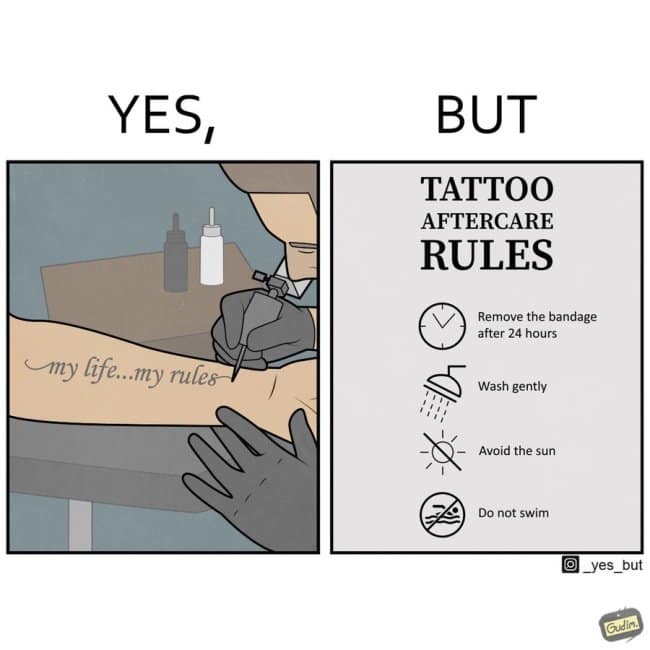 funny online web comic showing a person getting a "my life... my rules" tattoo on their arm, contrasted with a strict list of medical aftercare rules they must obey.