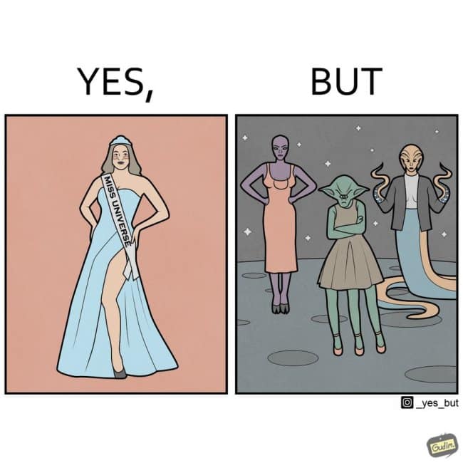 A funny online web comic showing a "Miss Universe" pageant winner on Earth, followed by what an actual "Miss Universe" lineup of confused aliens would look like.