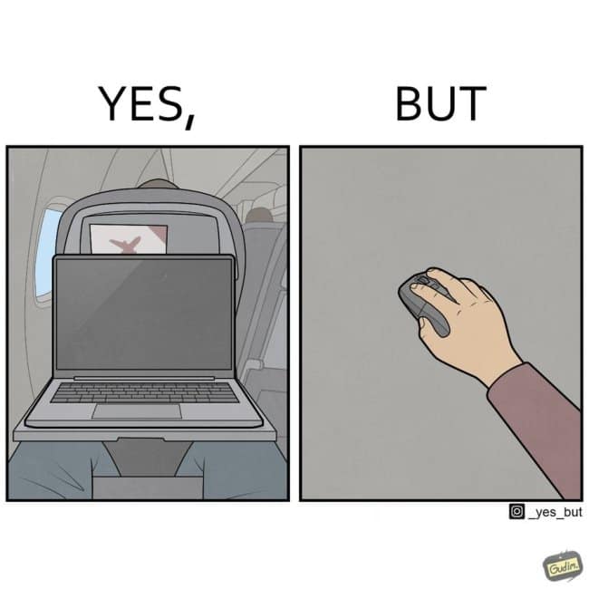 A funny online web comic illustrating the physical struggle of trying to use a computer mouse on the tiny, non-existent tray table space next to a laptop on a plane.