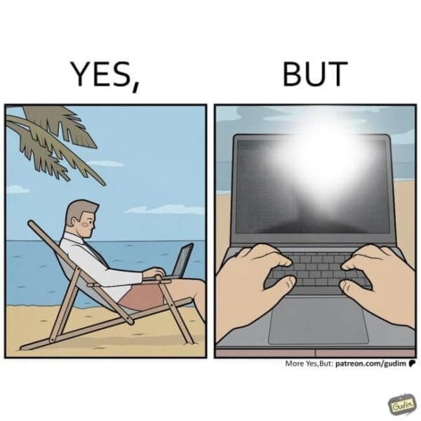 A funny online web comic in the Yes But Comics style showing a man attempting to "work from the beach," only to find his laptop screen is an unreadable ball of white sun glare.