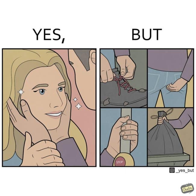 A two-panel funny online web comic showing a romantic face-touching moment on the left, contrasted with the right panel showing the same hands touching dirty shoelaces, a subway pole, and a trash bag.