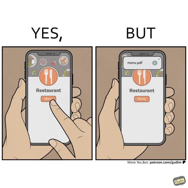 A funny online web comic capturing the ultimate design flaw of 2026: tapping a "Menu" button on a restaurant's stylish website only to have it trigger a clunky PDF download.