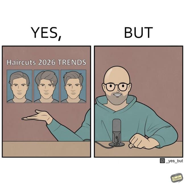 A funny online web comic featuring a bald influencer with glasses presenting a chart of the top 2026 hair trends to his audience.