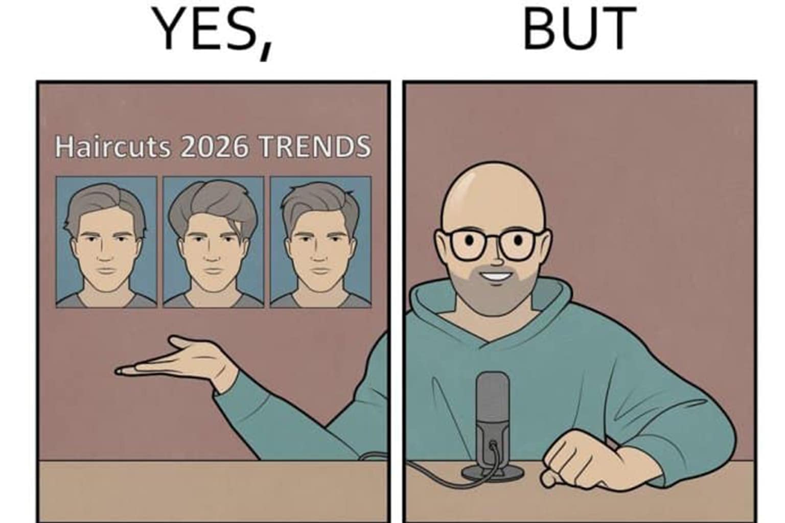 A gallery of funny online web comics by Gudim from the Yes But Comics series, featuring the unholy "Ad 1 of 24" meditation trap, a "Miss Universe" pageant with actual aliens, and the frustration of a clumpy wet wipe pull.