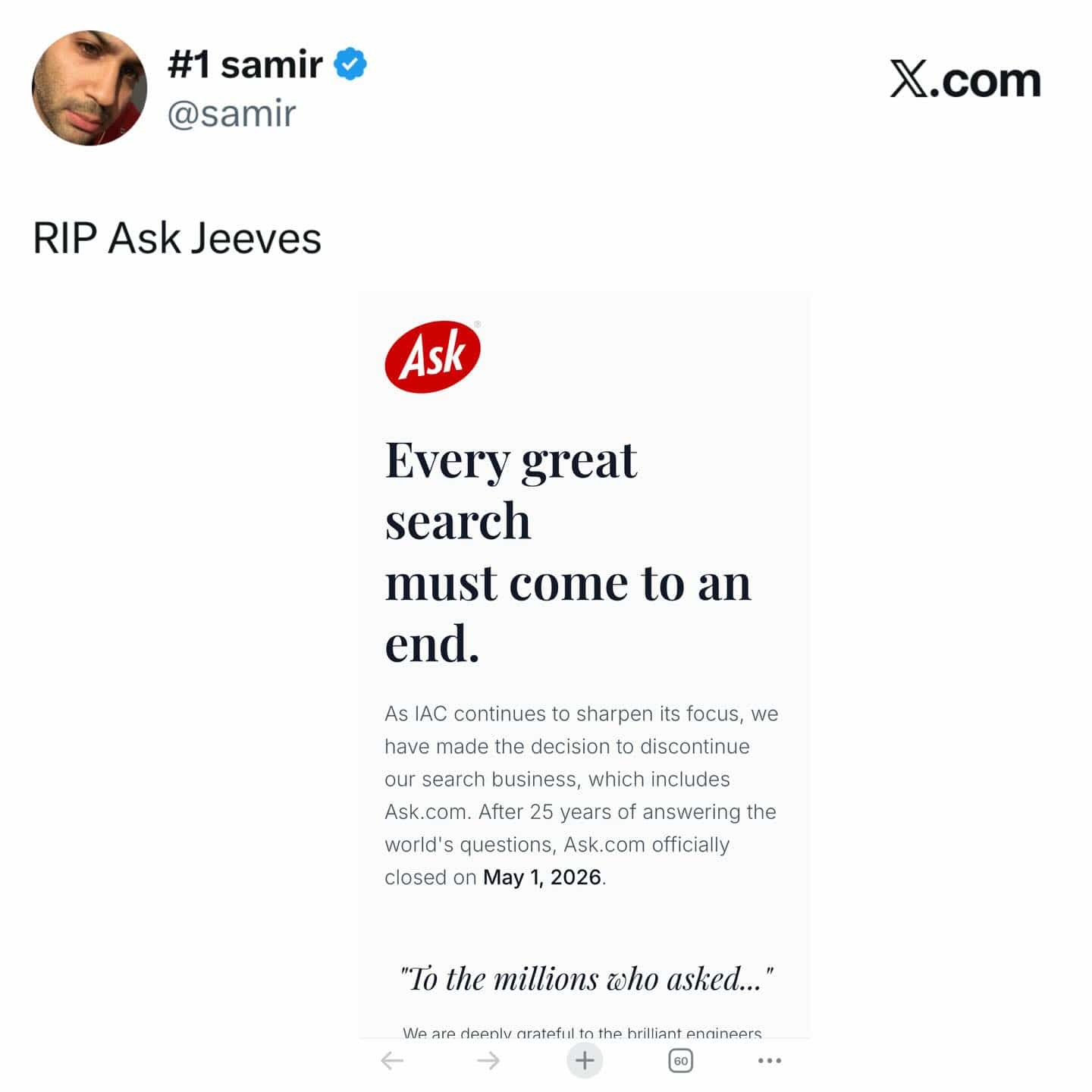 Social media post announcing the official closure of the Ask.com search engine in May 2026.