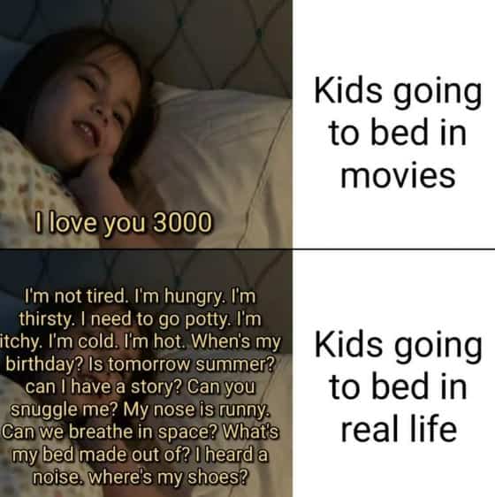 Meme comparing the easy bedtime routines of kids in movies to the endless questions in real life.