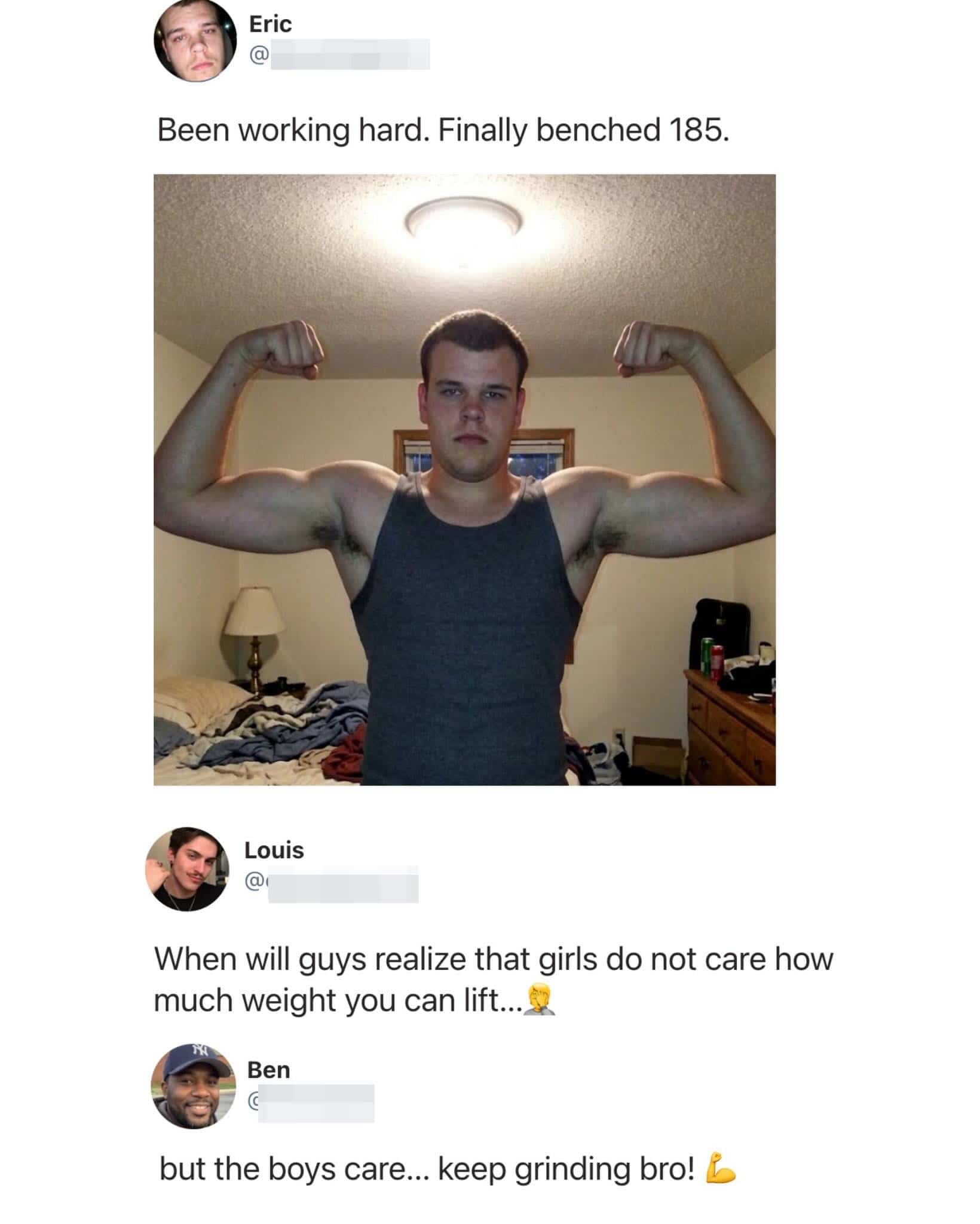 Gym progress photo with supportive comments from other men encouraging a 185 pound bench press.