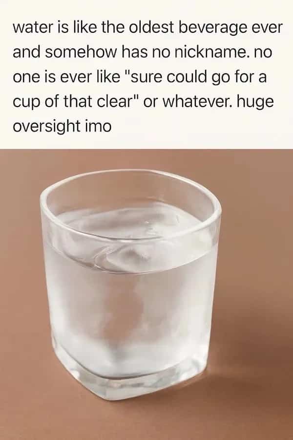 Humorous observation meme about how water is the oldest beverage but lacks any common nicknames.