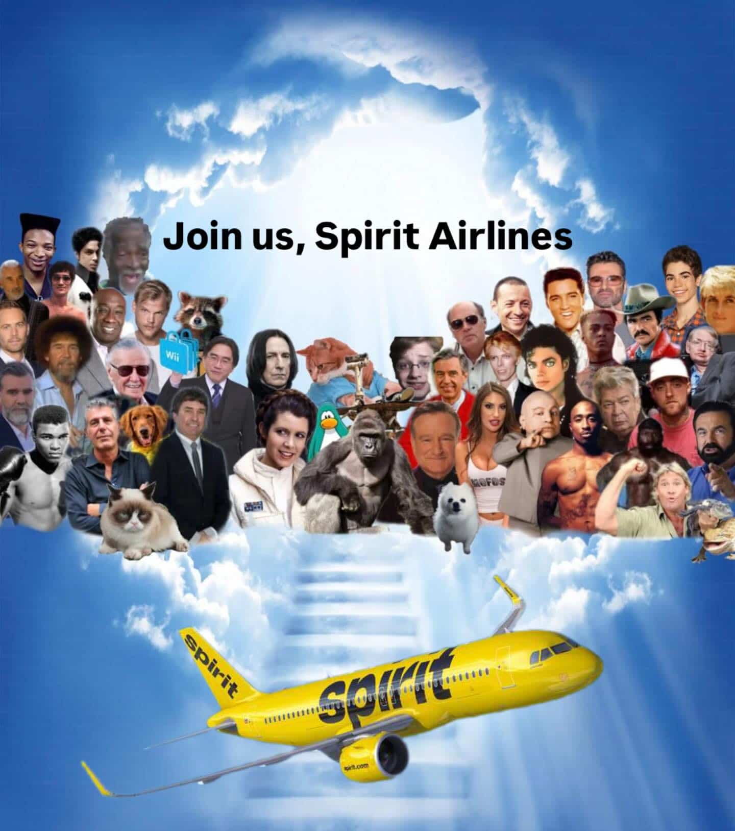Spirit Airlines plane flying toward a heaven cloud filled with various deceased celebrities and icons.