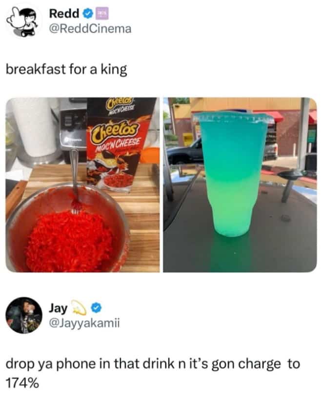 Social media post showing Cheetos Mac 'N Cheese and a glowing neon blue energy drink.