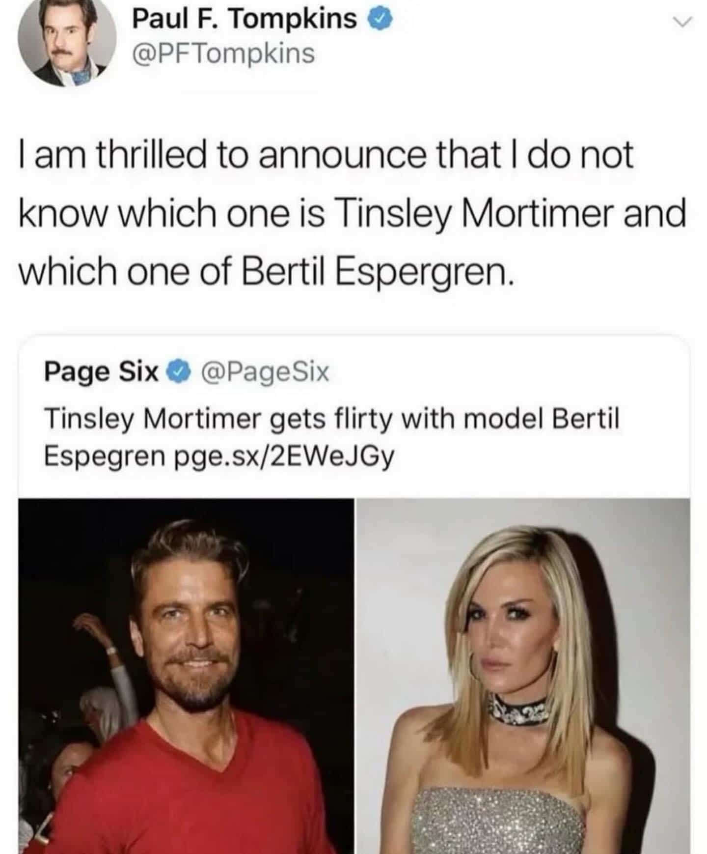Paul F. Tompkins tweet joking about not knowing the celebrities in a Page Six headline.