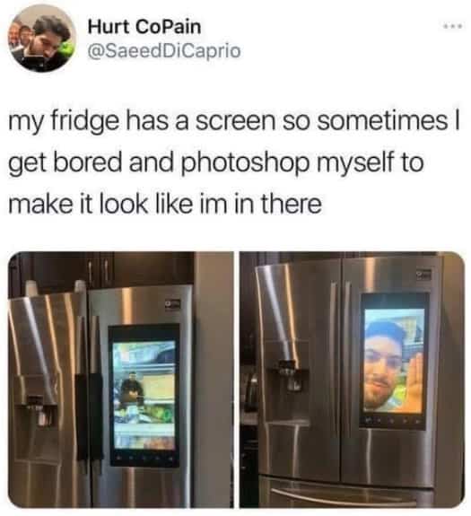 Person photoshopped onto a smart fridge screen to look like they are trapped inside.