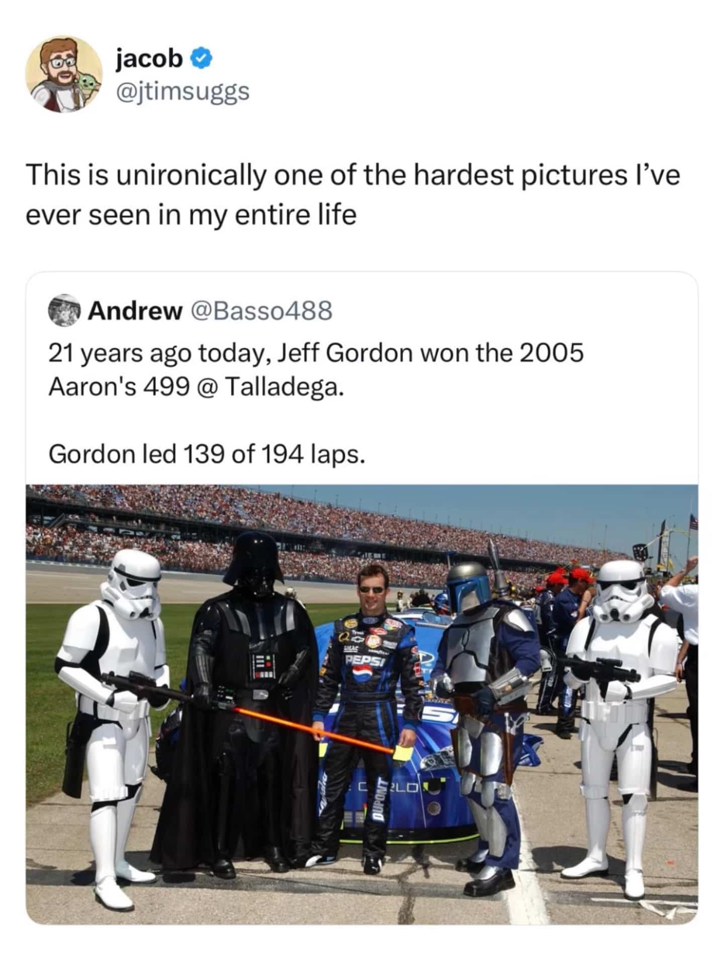 Throwback photo of NASCAR driver Jeff Gordon posing with Darth Vader and Star Wars stormtroopers.